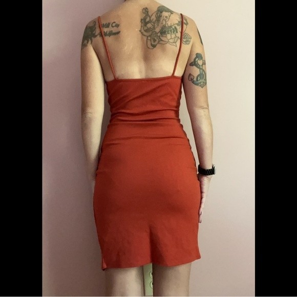 Orange Dress with Side Slit & Lace Detail, Medium, Sleeveless, Spaghetti Straps - Picture 5 of 13